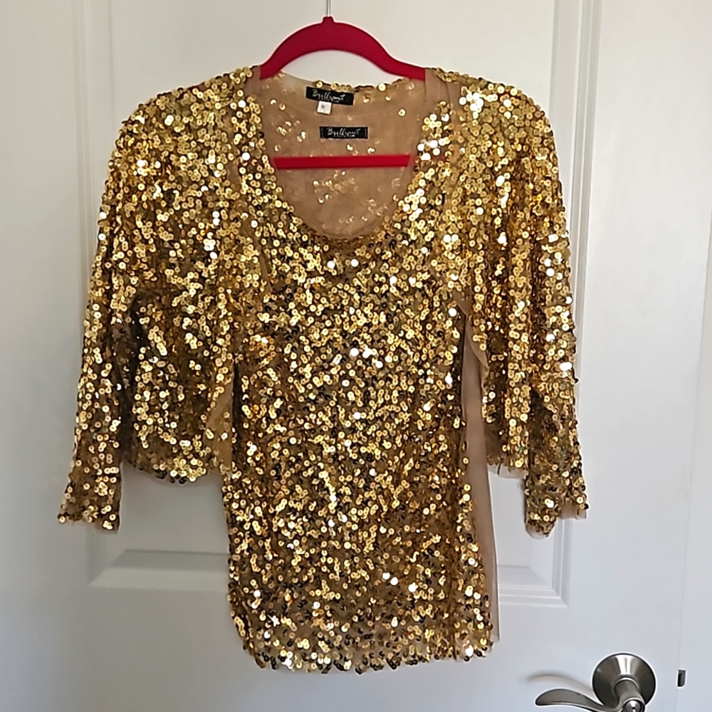 Brilliant Gold sequined tank top and bolero jacket with 3/4 length sleeves.